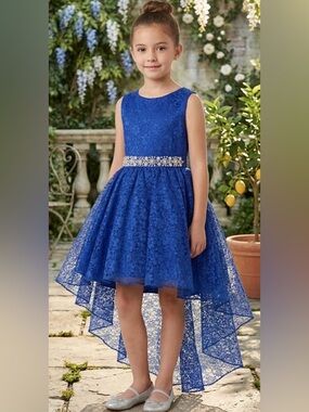 Joy Kids Size 8 Royal Blue Lace Hi-Low Formal Flower Girl Dress EUC